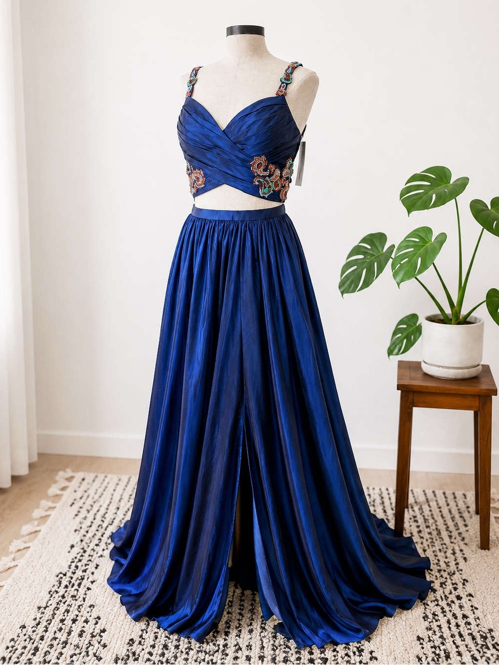 Sherri Hill Royal Blue Two-Piece Evening Gown - Embroidered Beaded Straps